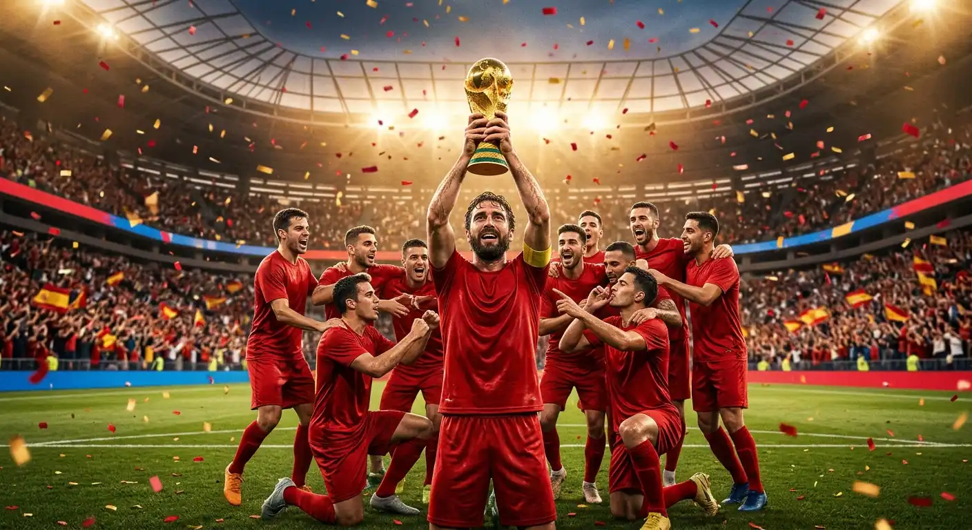 Španielski hráči zdvíhajú trofej po finále MS 2026 na MetLife Stadium