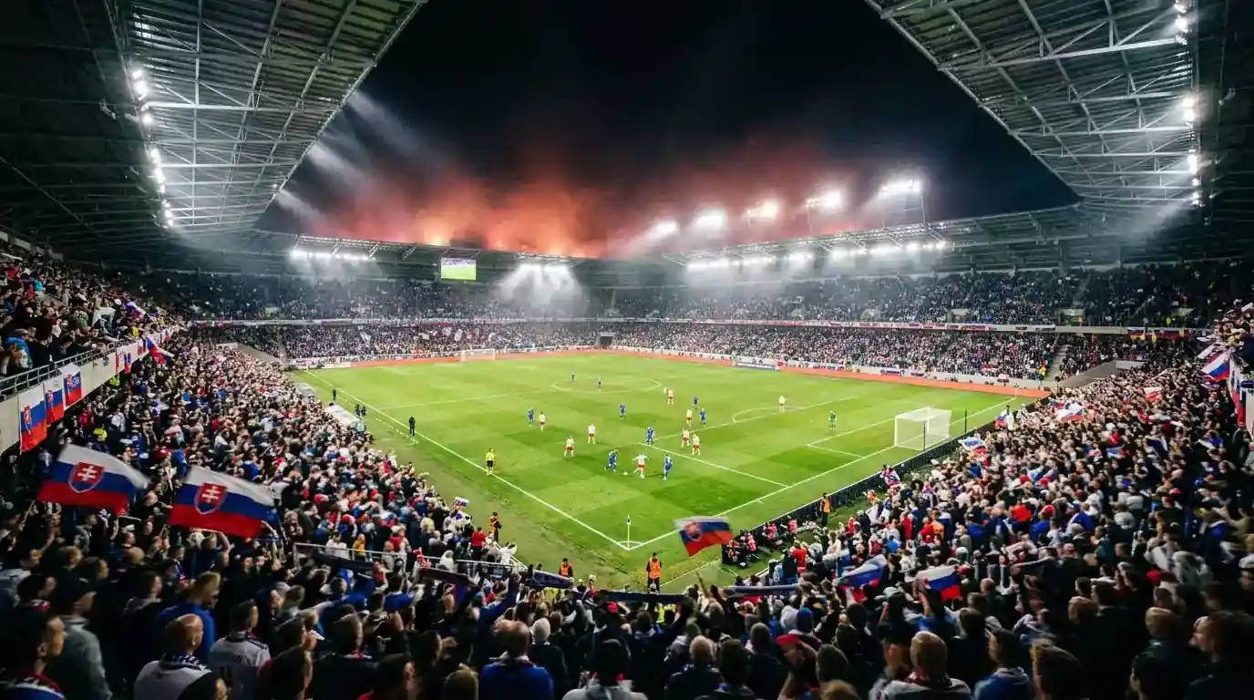 Nočný pohľad na vypredaný futbalový štadión počas MS 2026