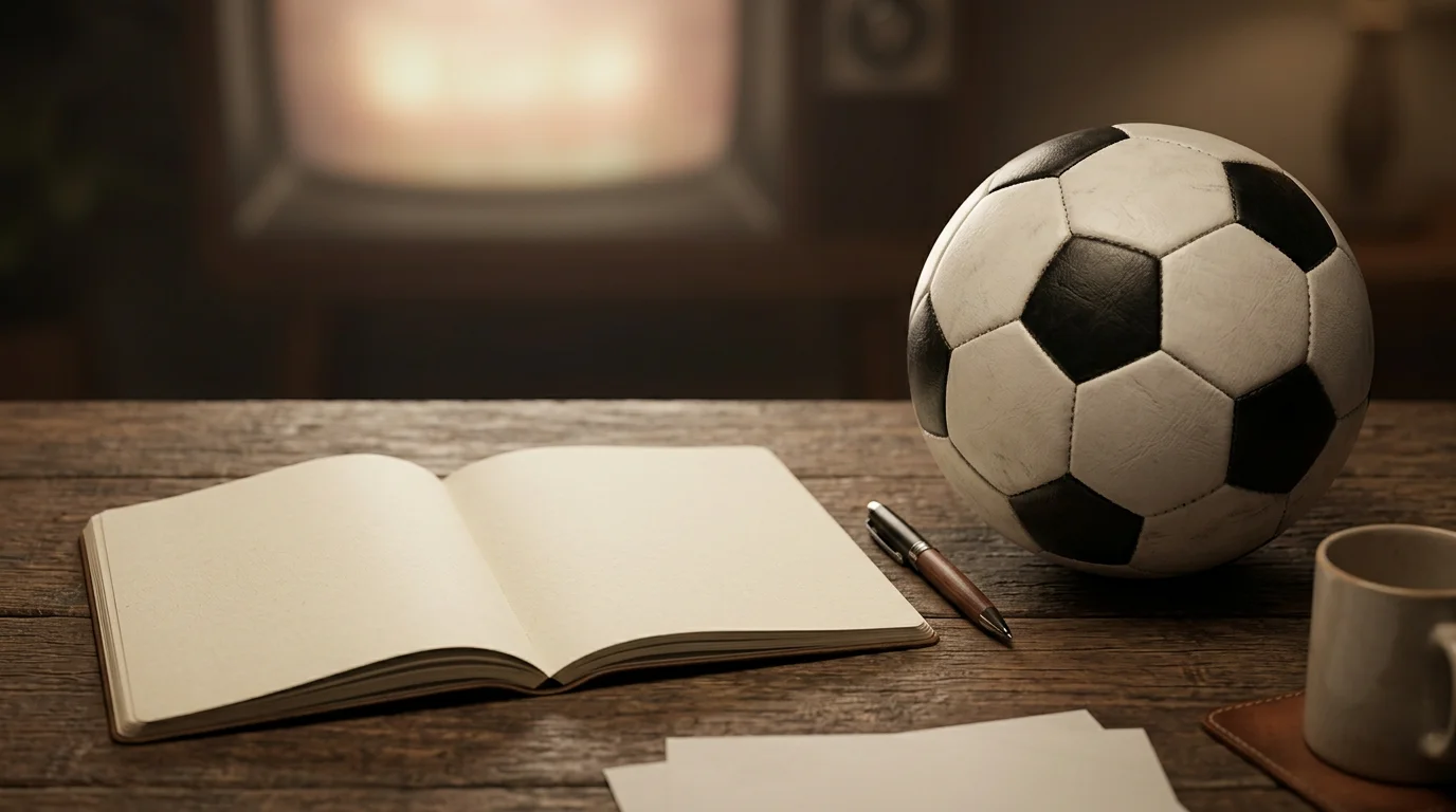 Zápisník s perom a futbalová lopta na stole pred sledovaním zápasu MS 2026
