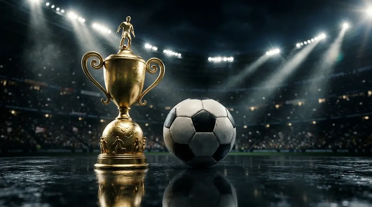 Futbalová trofej a lopta v reflektoroch štadióna pred vyraďovacou fázou MS 2026