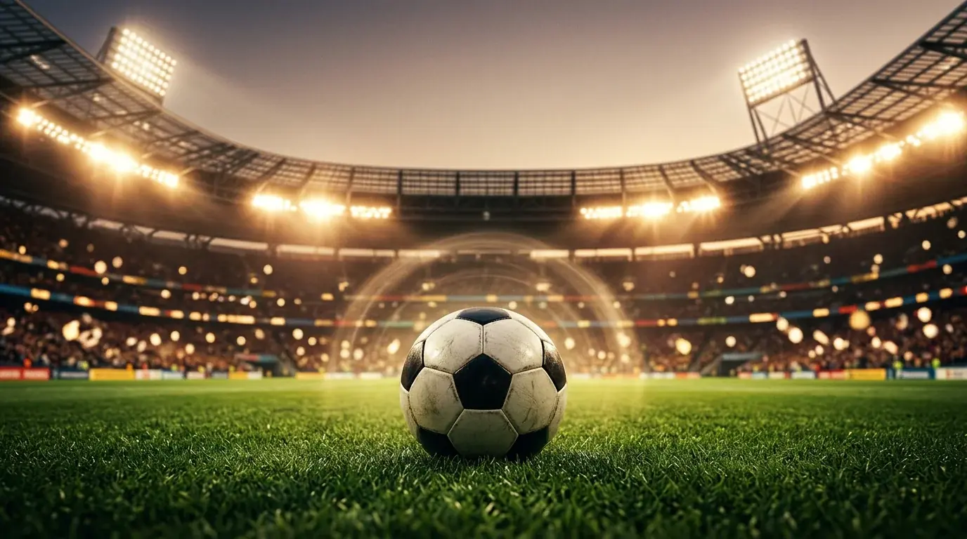 Futbalová lopta na trávniku osvetleného štadióna počas večerného zápasu MS 2026