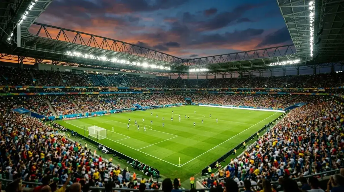 Futbalový štadión s otvorenou strechou počas večerného zápasu MS 2026